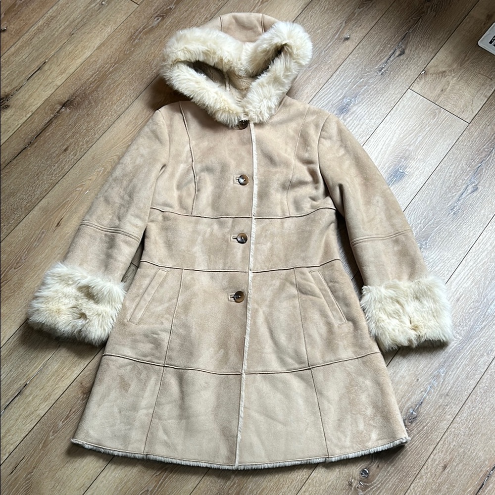 Larry Levine Jacket Women Medium Beige Faux Fur Trimmed Lined Coat Y2K Phoebe